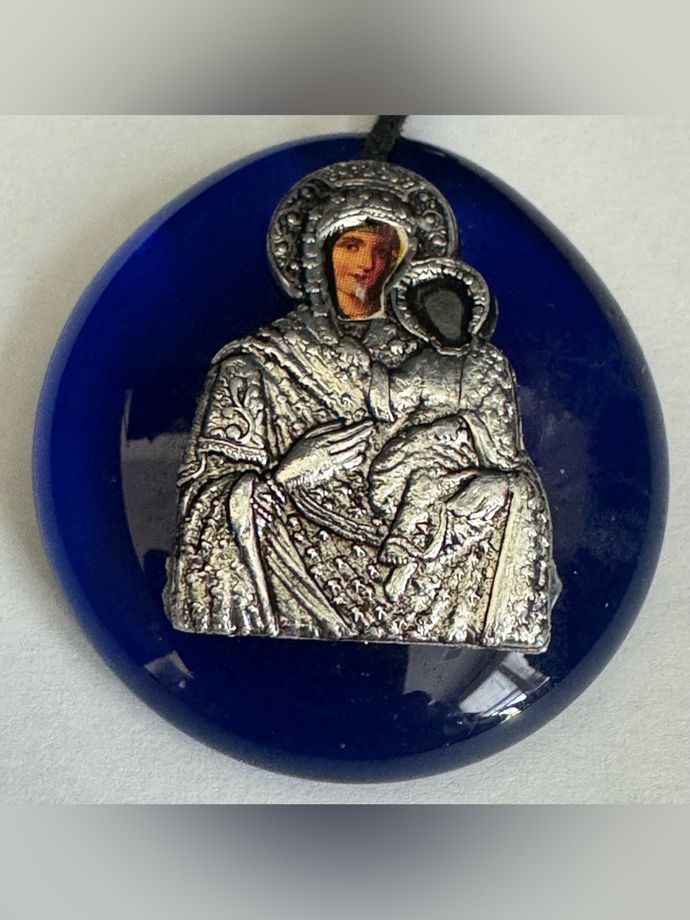 Virgin Mary And Child Jesus  Silvertone Icon on Blue Glass Greek Orthodox